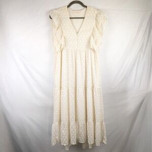 Bella Ella Boutique Maxi Dress Ivory White Polka Dot Ruffle Sleeve Tiered Small